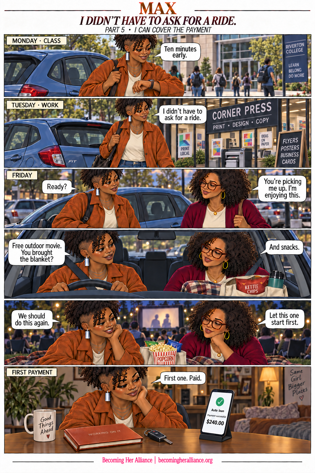 MAX — I Didn’t Have to Ask for a Ride. Max gets herself to class and work, picks up Maven for an outdoor movie, and makes her first car payment.