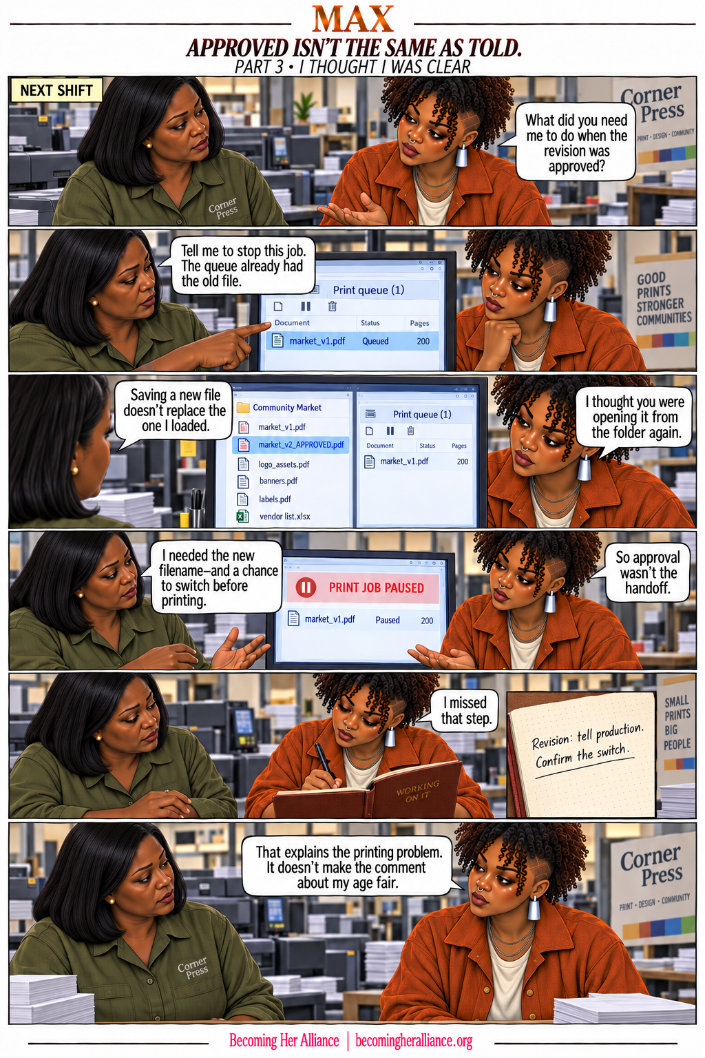 MAX — Approved Isn’t the Same as Told. Max asks what production needed. She learns that saving the revised file did not replace the one already queued and acknowledges the missed step.