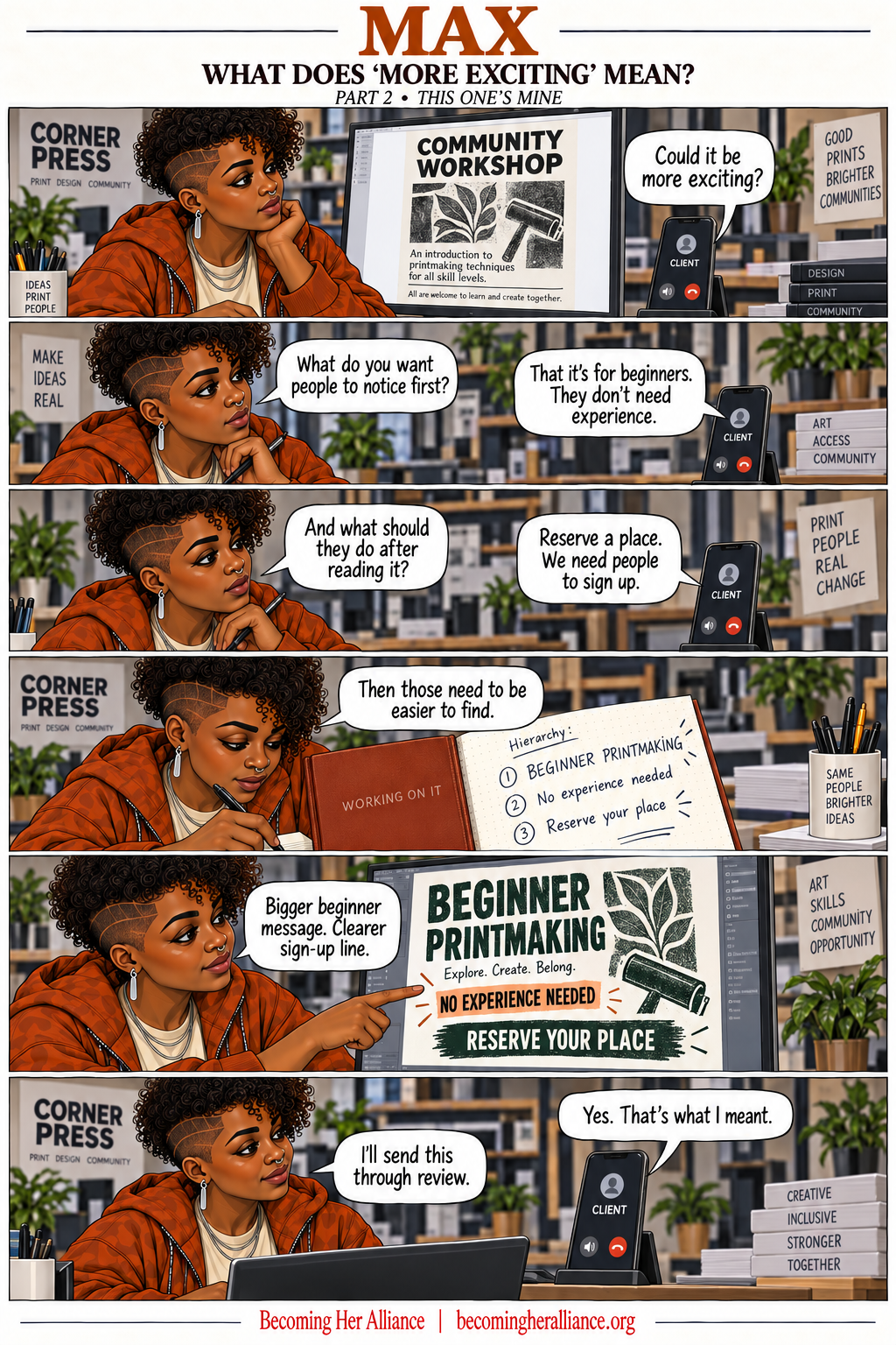 MAX — What Does ‘More Exciting’ Mean? Max asks what the client wants readers to notice, then turns the answer into a specific revision.