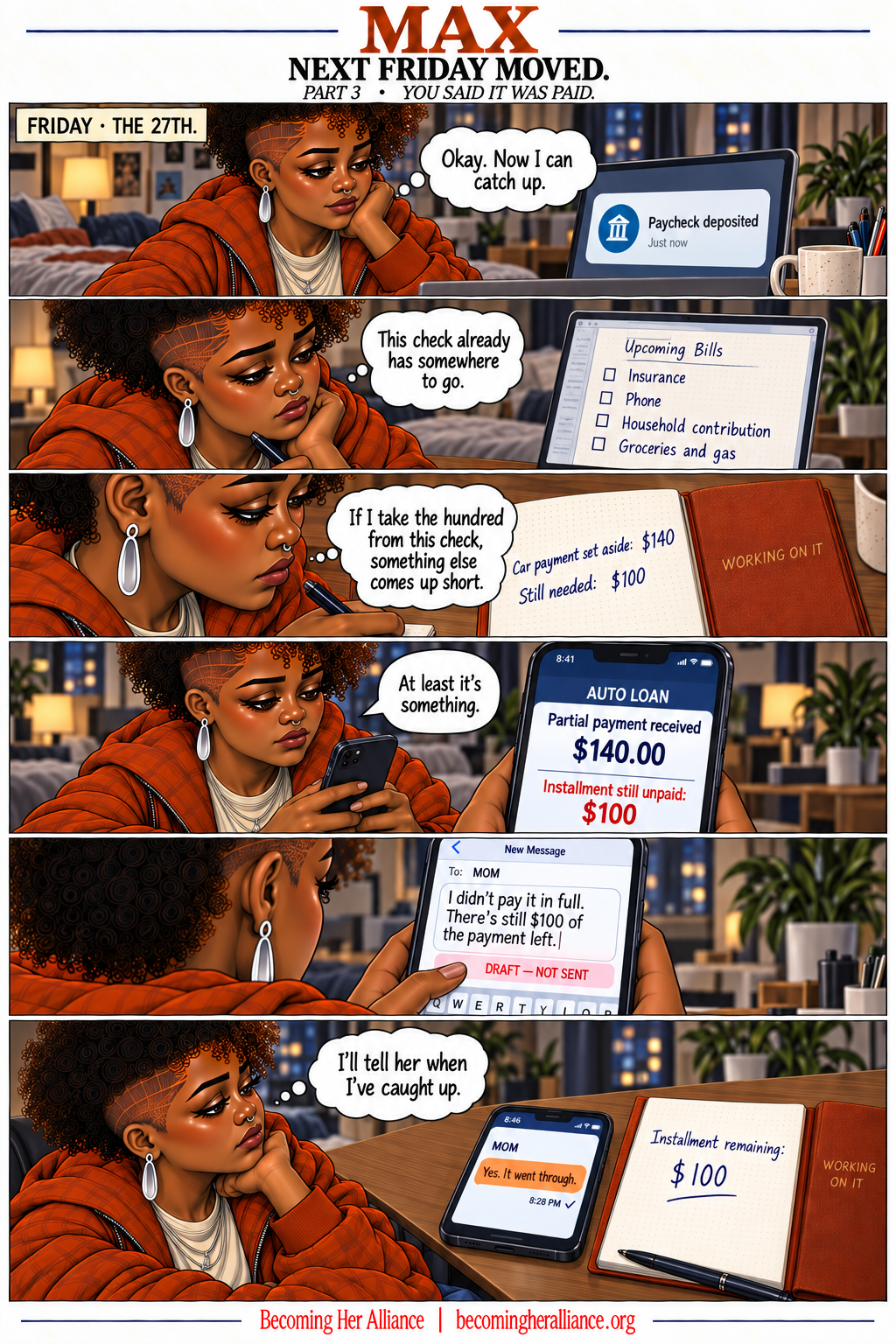 MAX — Next Friday Moved. Max pays $140 toward the overdue installment. Another $100 remains unpaid, and her honest message to Mom stays unsent.