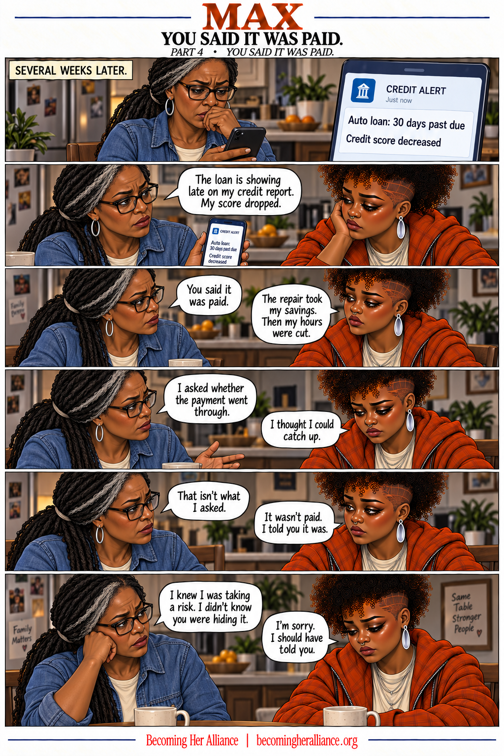 MAX — You Said It Was Paid. Several weeks later, Mom learns about the delinquency. Max has to address why she said the payment was made.
