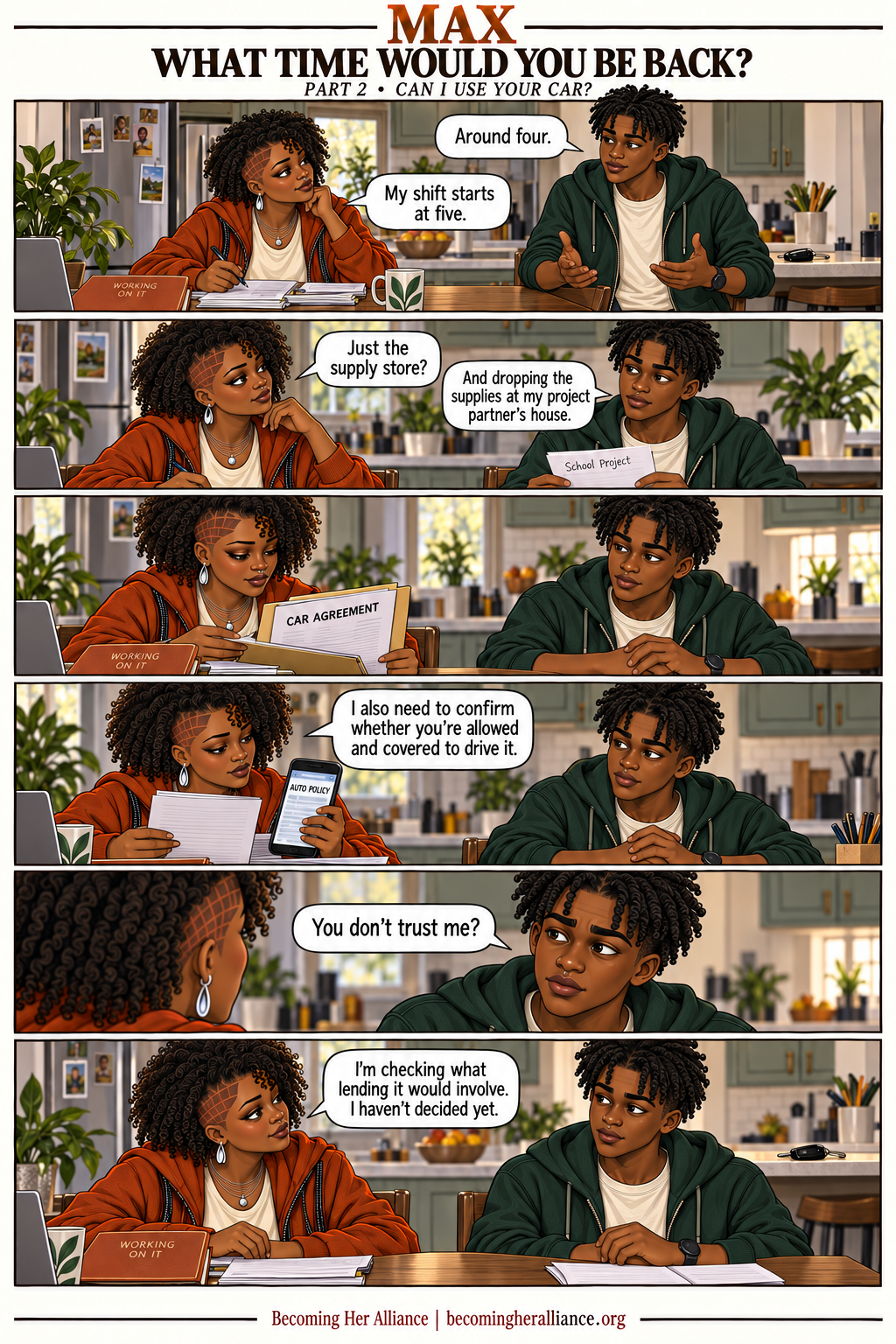 MAX — What Time Would You Be Back? He expects to return around four; Max needs the car for work at five. She checks the trip and existing agreement, while he hears hesitation as distrust.