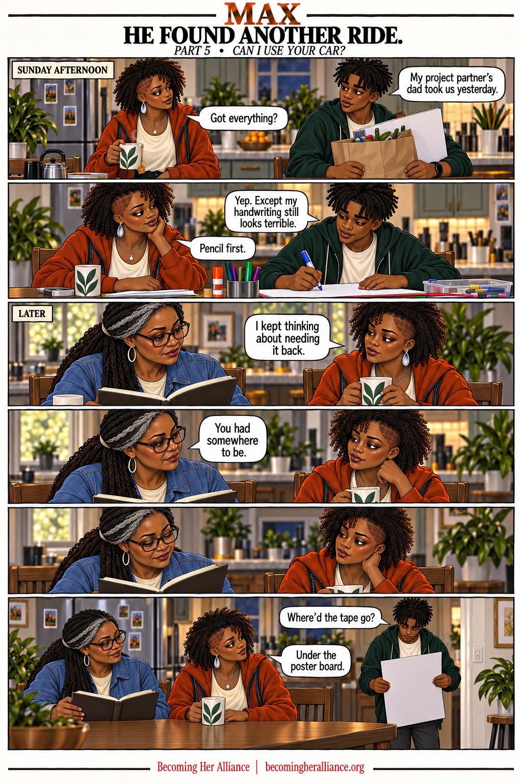 MAX — He Found Another Ride. Her brother gets another ride and returns to ordinary sibling conversation. Max briefly recognizes Mom’s experience of needing the car back.