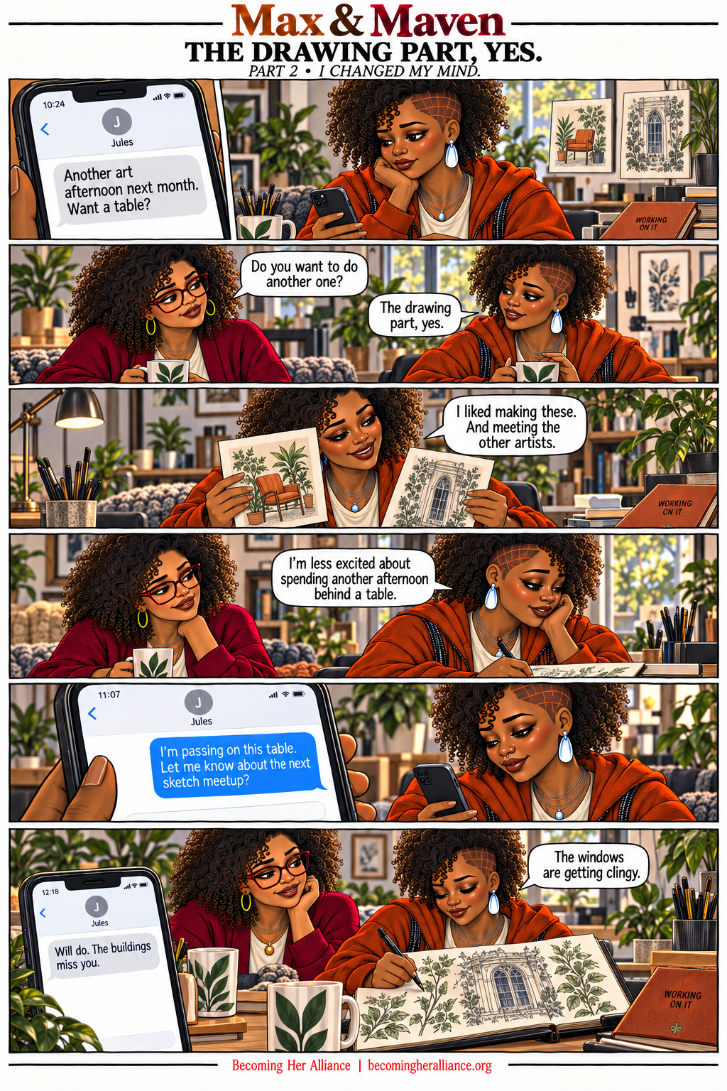 Max & Maven — The Drawing Part, Yes. Max declines another sales-table opportunity and asks Jules about the next sketch meetup instead.
