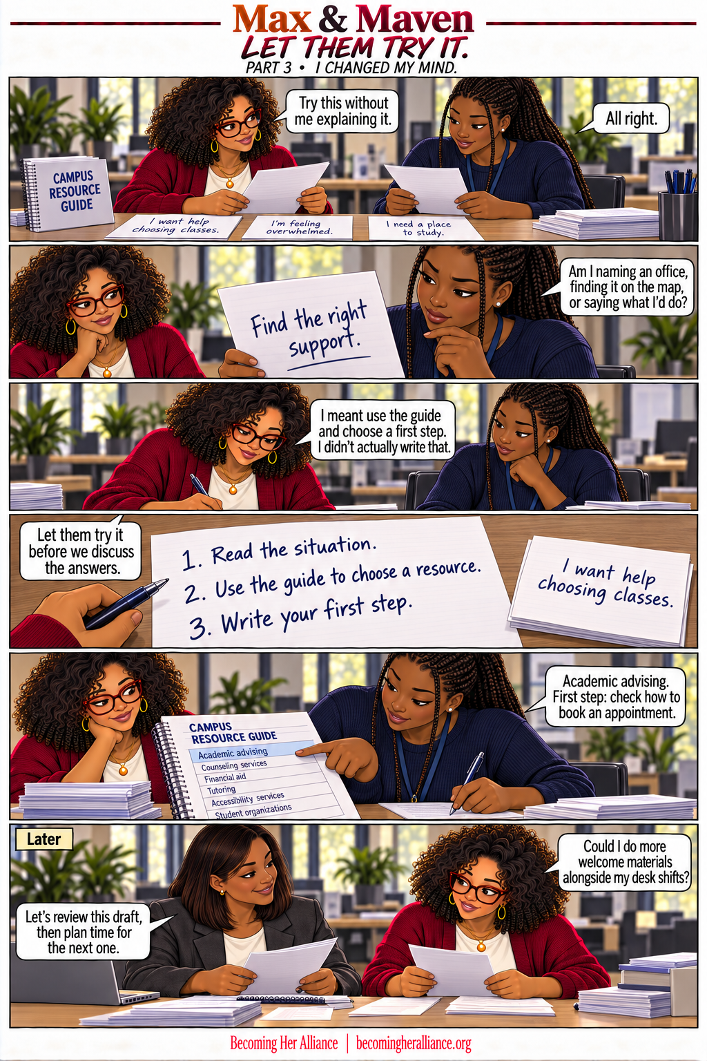 Max & Maven — Let Them Try It. Tasha tests Maven’s activity and finds an unclear instruction. Maven revises it so students practice finding a resource themselves.