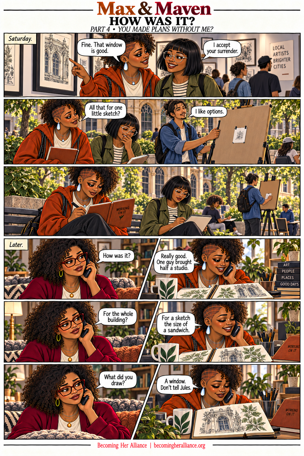 Max & Maven — How Was It? Max enjoys the outing and an impractical sketching setup. Later, Maven asks about it with real interest and some lingering disappointment.