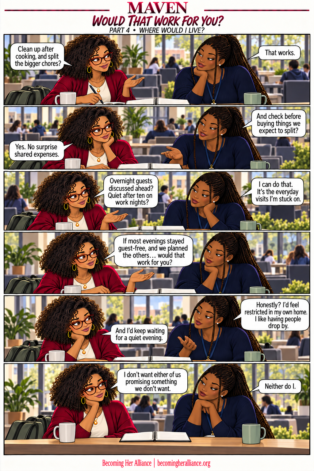 MAVEN — Would That Work for You? Some household agreements come easily. The guest arrangement that would suit Maven would make Tasha feel restricted.