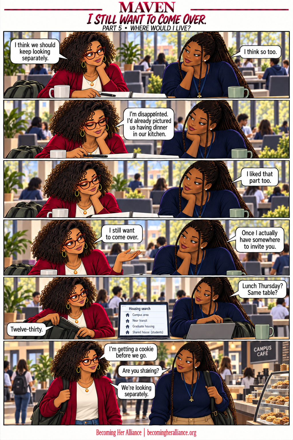 MAVEN — I Still Want to Come Over. They decide to keep looking separately and make an ordinary lunch plan. The friendship continues while the housing search remains open.