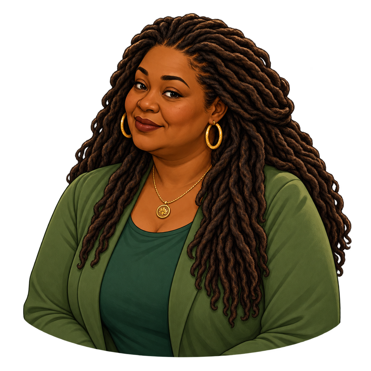 Khadija in green with locs and gold hoop earrings