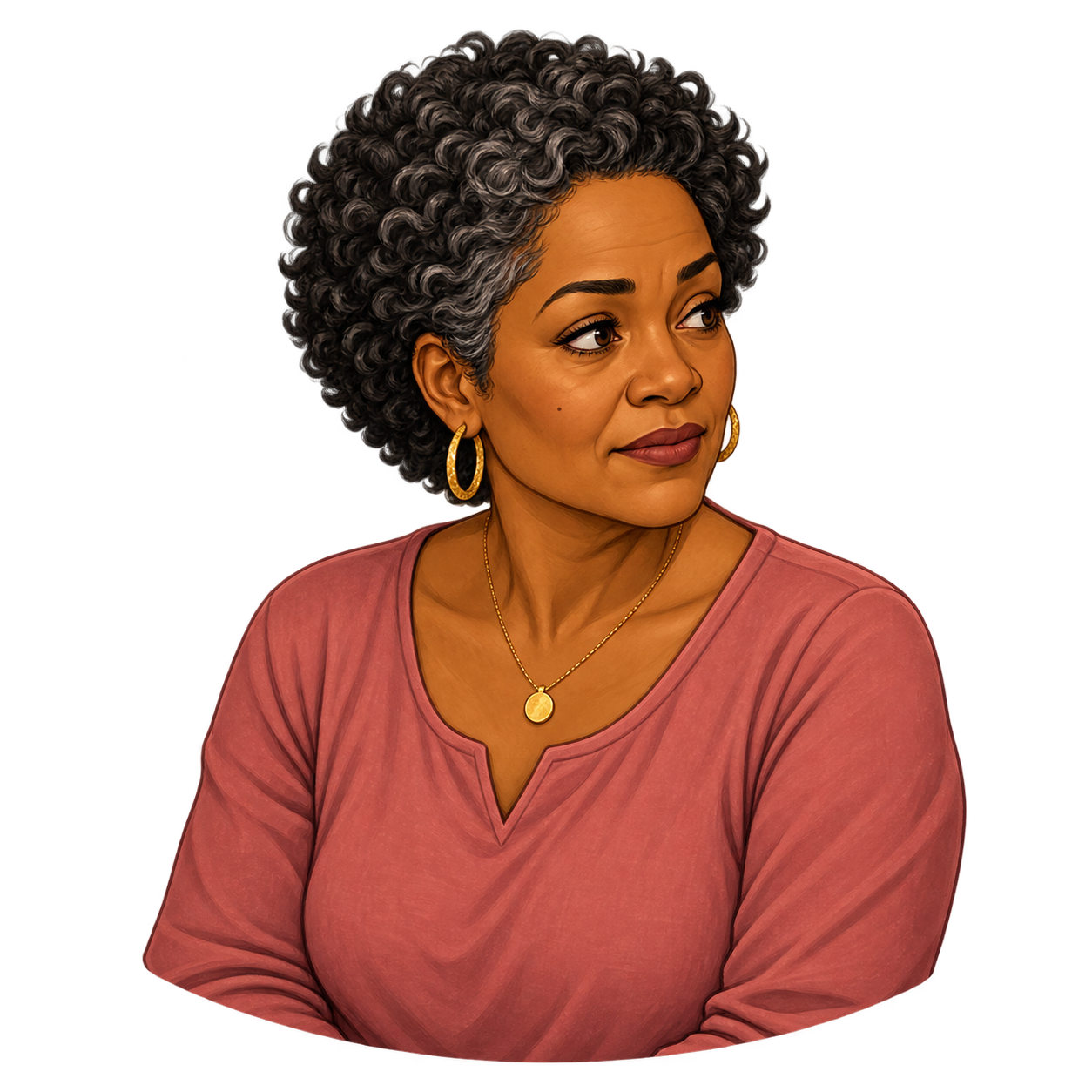 Maya’s mom in a terracotta top
