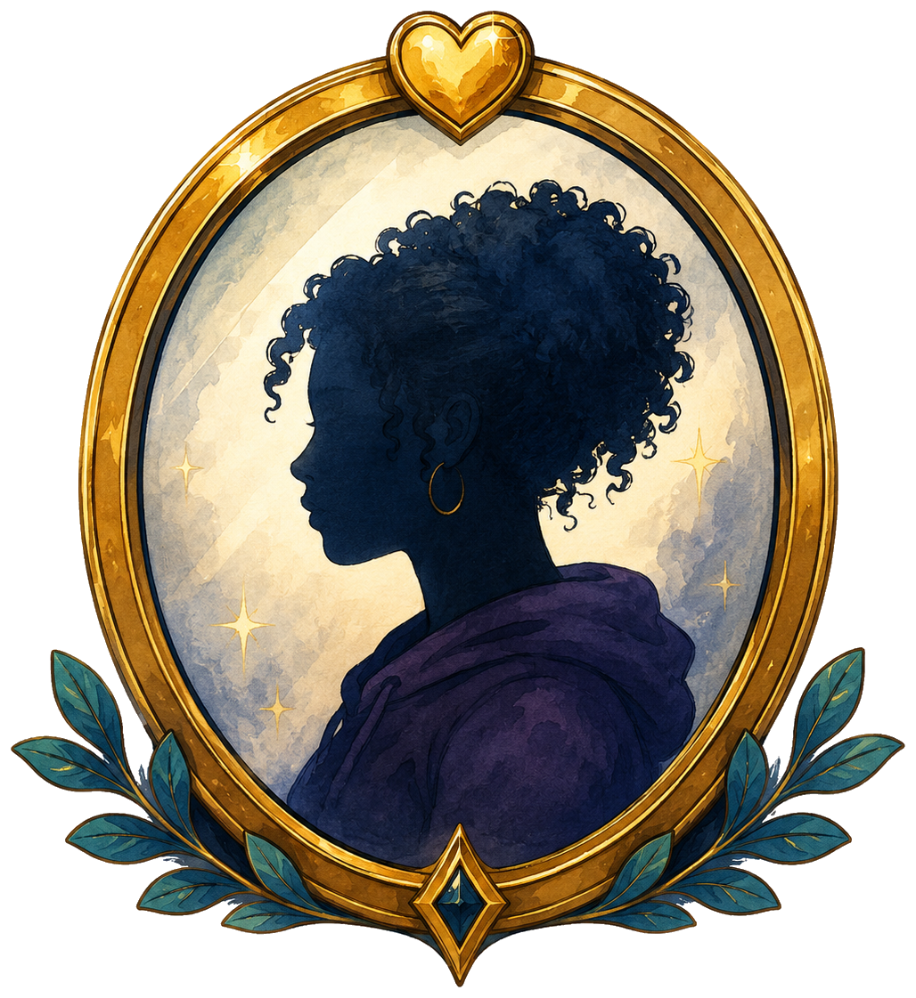 A framed silhouette of Maya looking inward