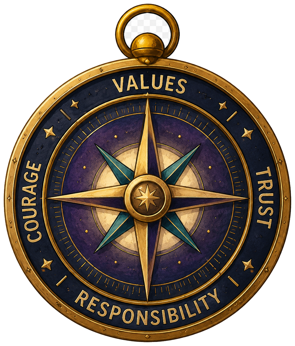 A compass marked values, trust, responsibility, and courage