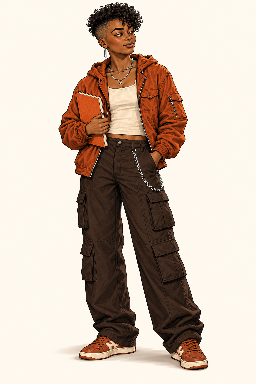 Max, full body, holding her notebook