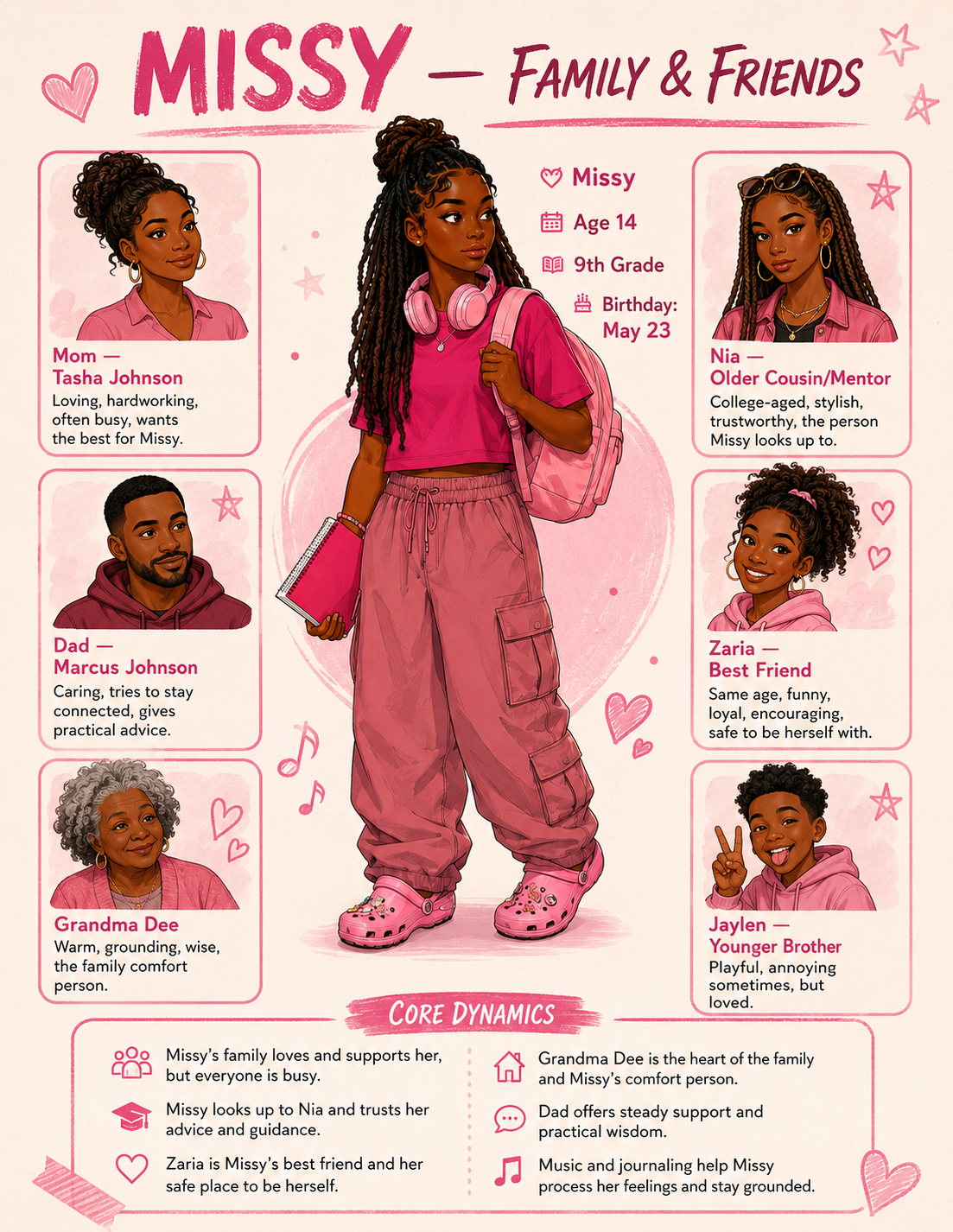 Missy family and friends character board showing Mom, Dad, Grandma Dee, Nia, Zaria, and Jaylen
