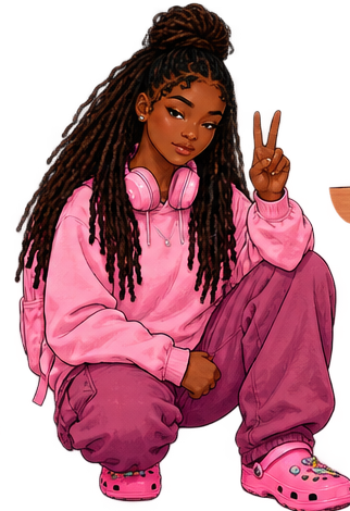 Missy sitting with one pair of pink headphones around her neck