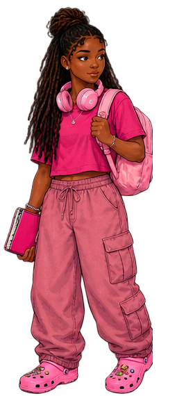 Missy, age 14, standing with one pair of pink headphones, notebook, cargo pants, and clogs