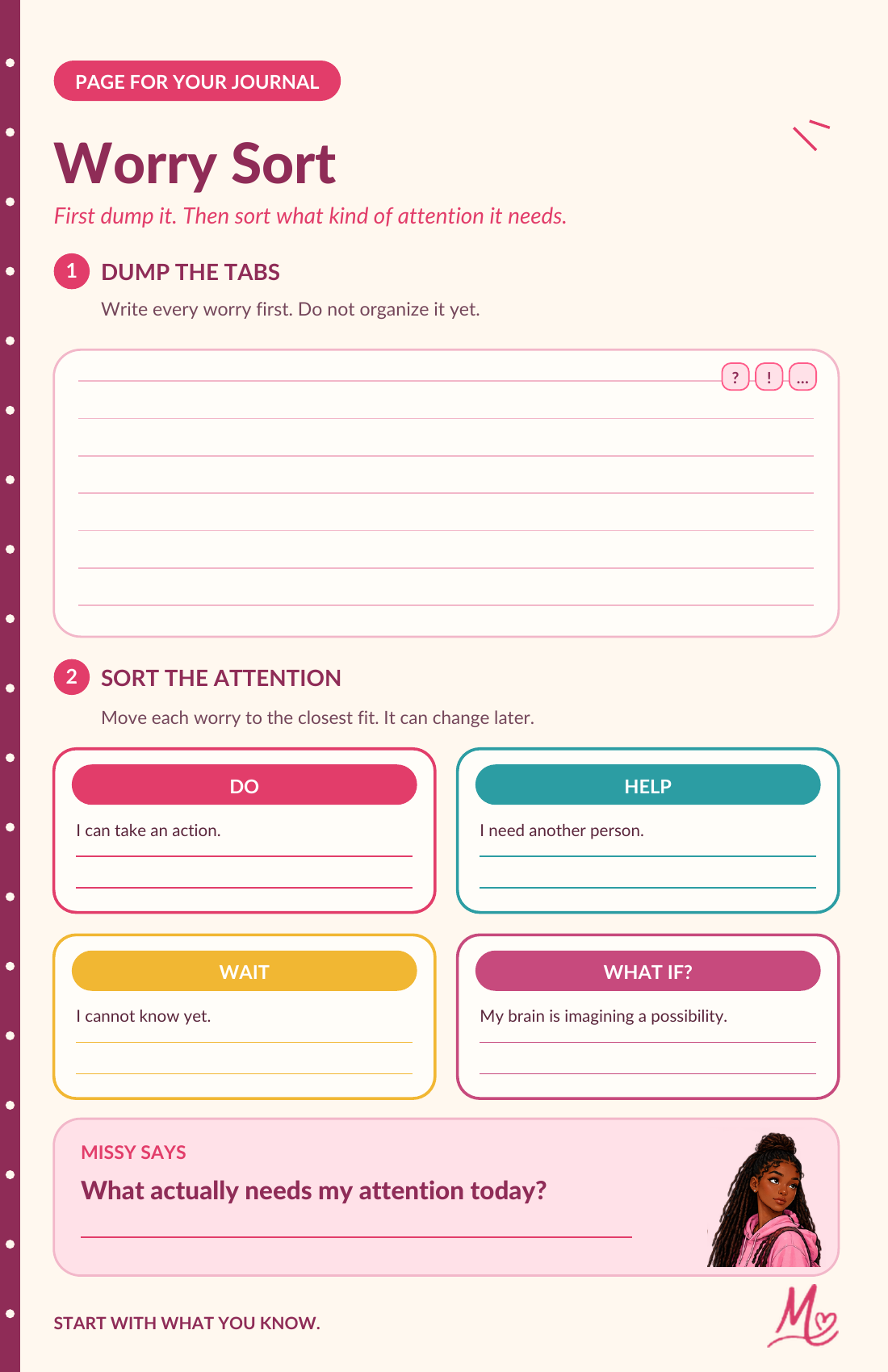 Current corrected Worry Sort printable preview